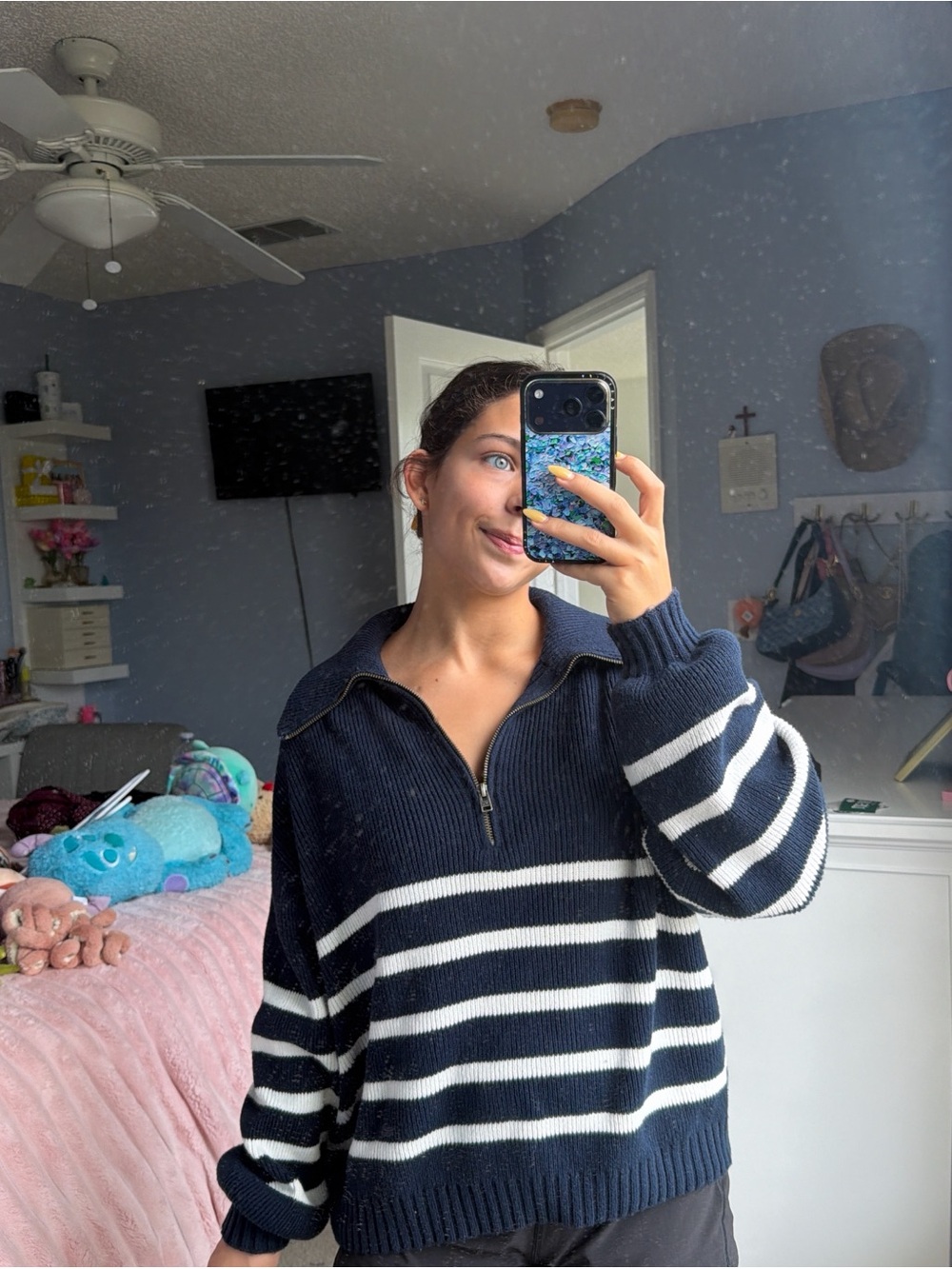 Hollister Navy and White Striped Half-Zip Sweater